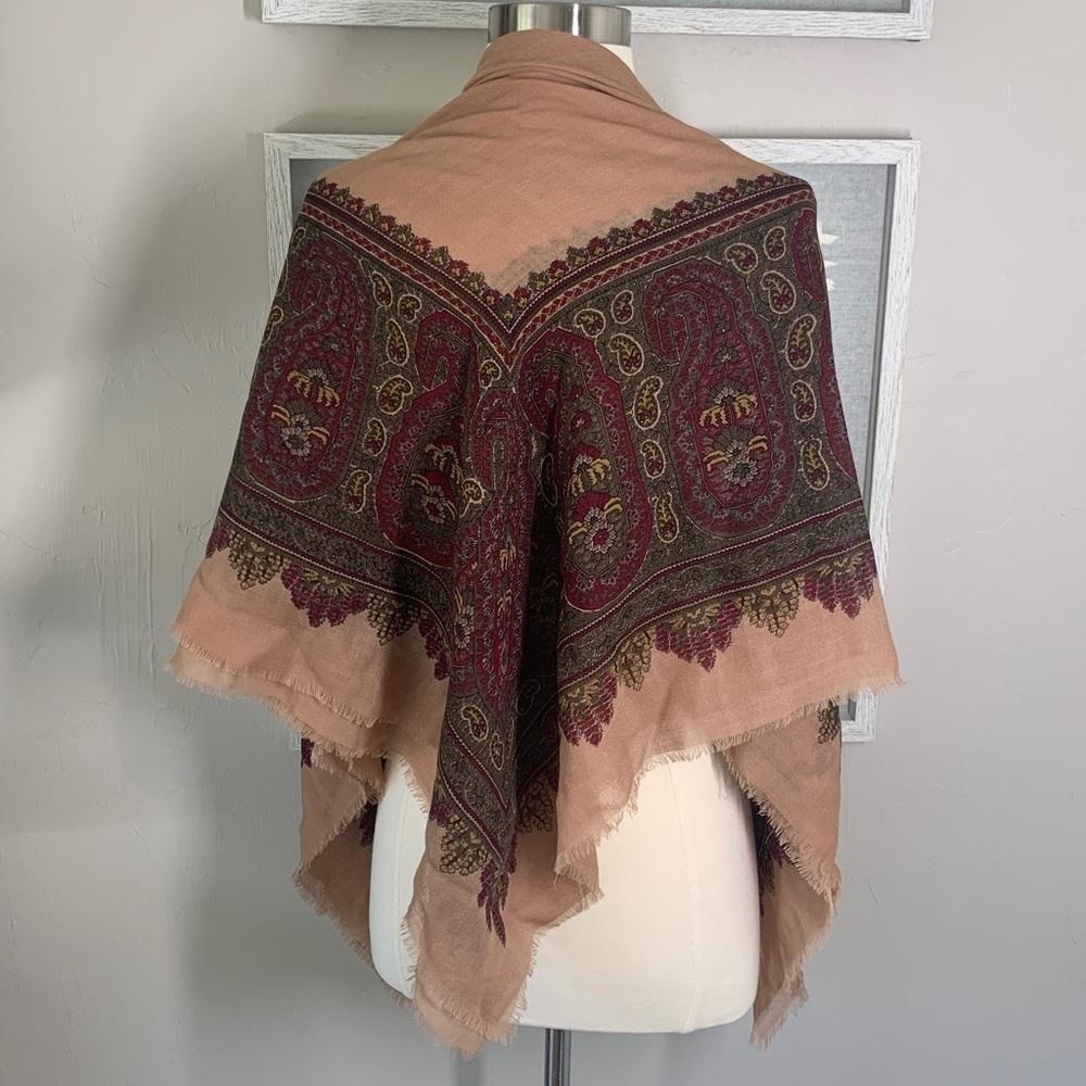 Echo large square wool scarf peach, burgundy, green - Picture 4 of 8